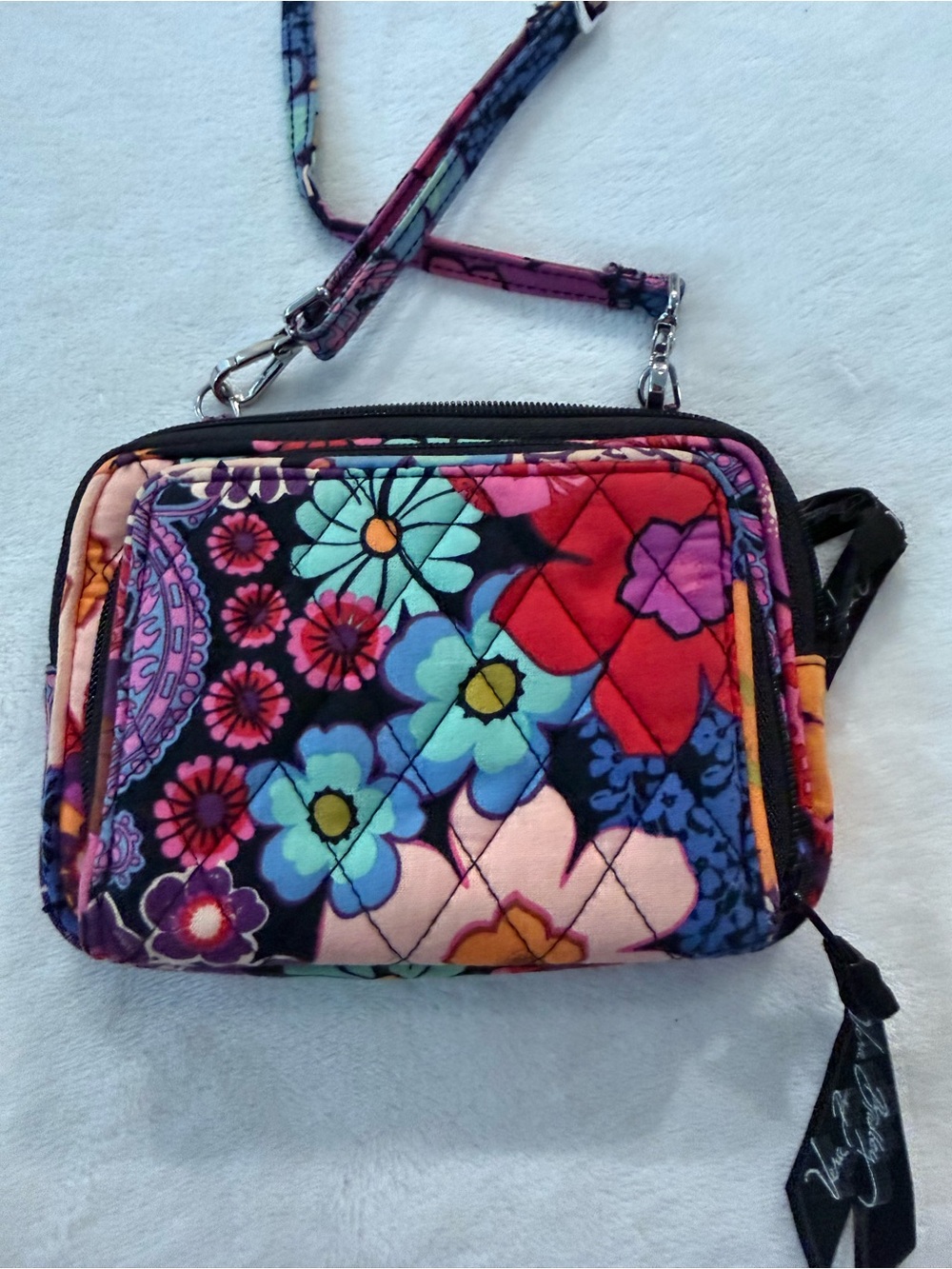 Vera Bradley All In One Crossbody Handbag Floral Fiesta Pink Black